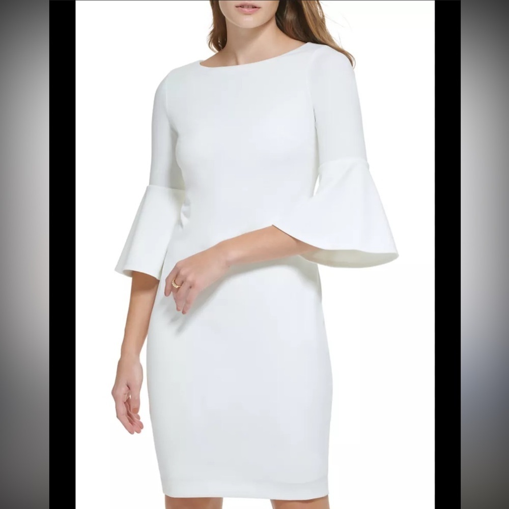 NWT Calvin Klein White 3/4 Bell-Sleeve Sheath Dress